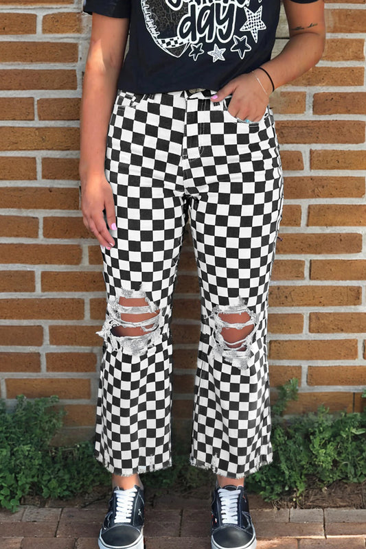 Checkerboard Distressed Cropped Jeans Raw Hem Pants