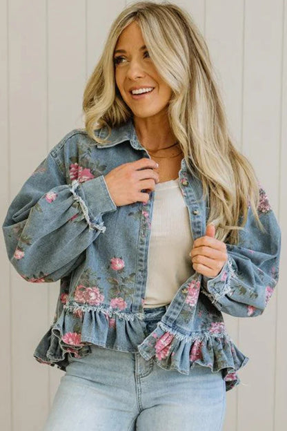 Floral Denim Jacket Ruffle Hem Puff Sleeve Cropped