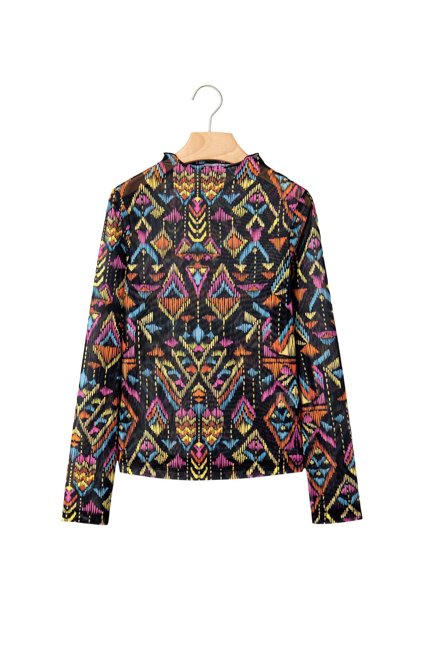 Abstract Print Mock Neck Mesh Long Sleeve Top