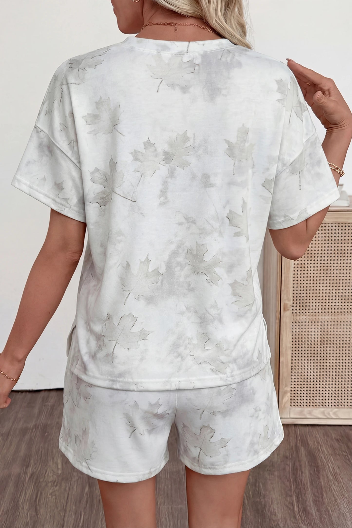 Leaf Print Two Piece Set Women Casual Tee Shorts