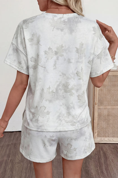 Leaf Print Two Piece Set Women Casual Tee Shorts