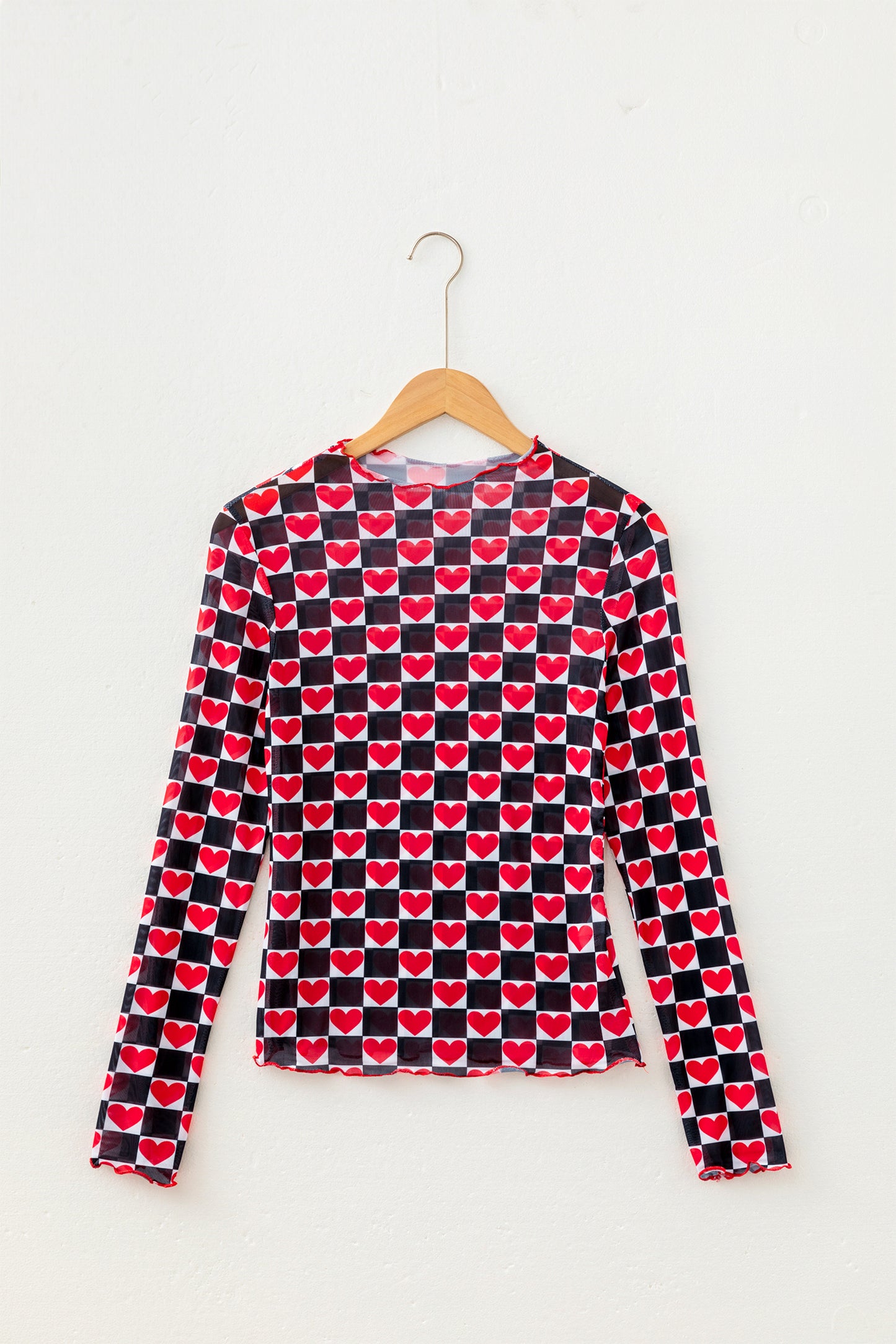Rose Checkerboard Mesh Long Sleeve Fitted Top