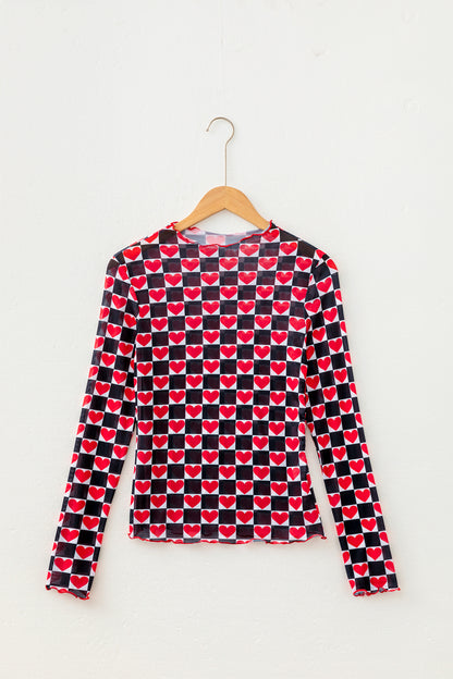 Rose Checkerboard Mesh Long Sleeve Fitted Top