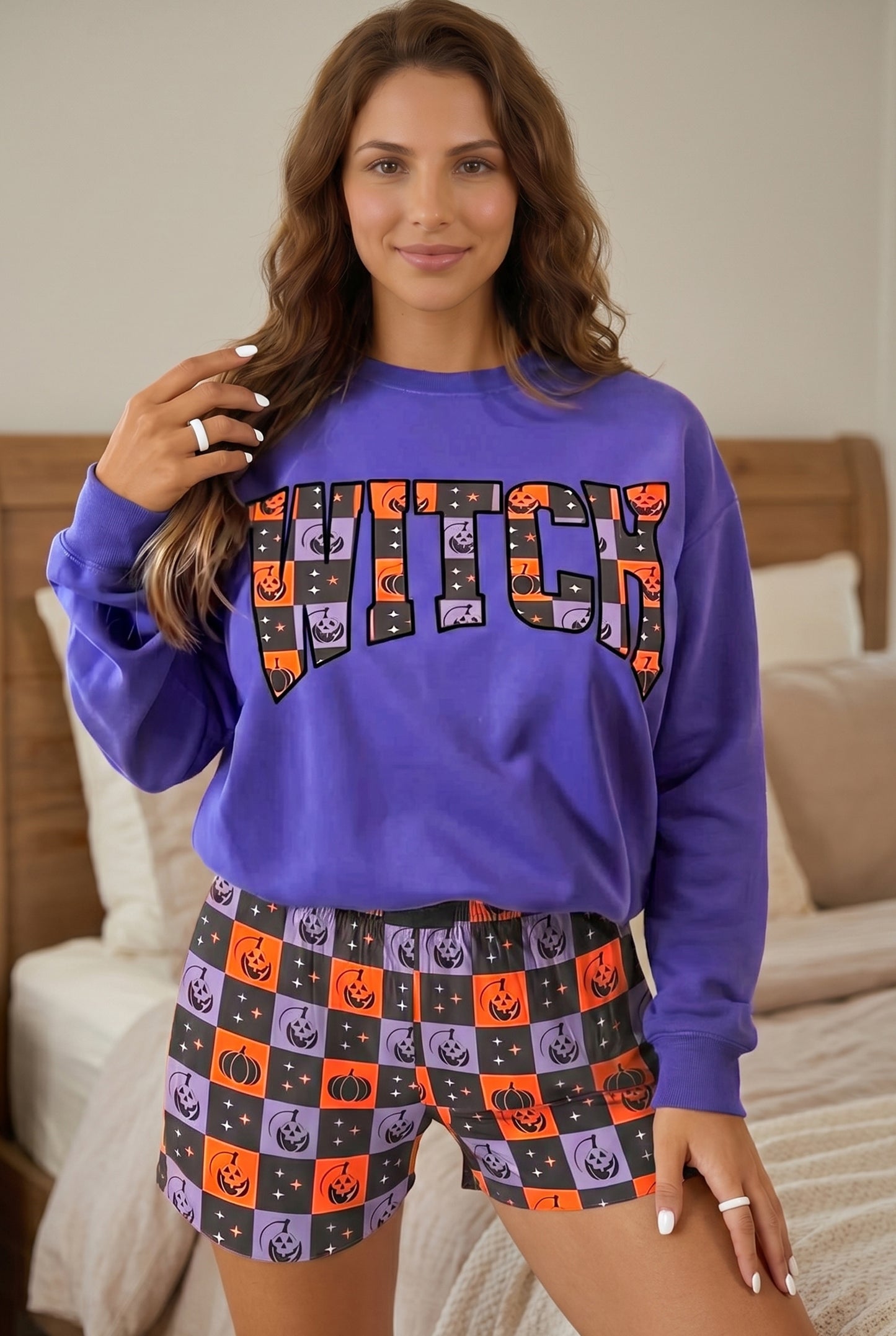 Halloween Witch Graphic Checkerboard Shorts Set