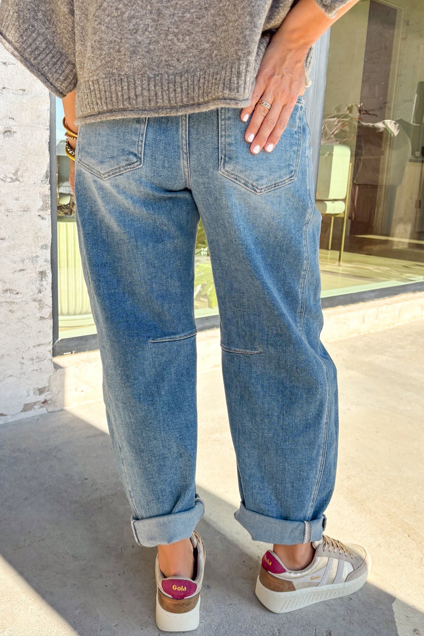 High Rise Seamed Cuffed Barrel Leg Jeans