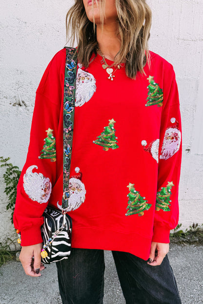 Red Santa Claus Christmas Tree Drop Shoulder Sweatshirt