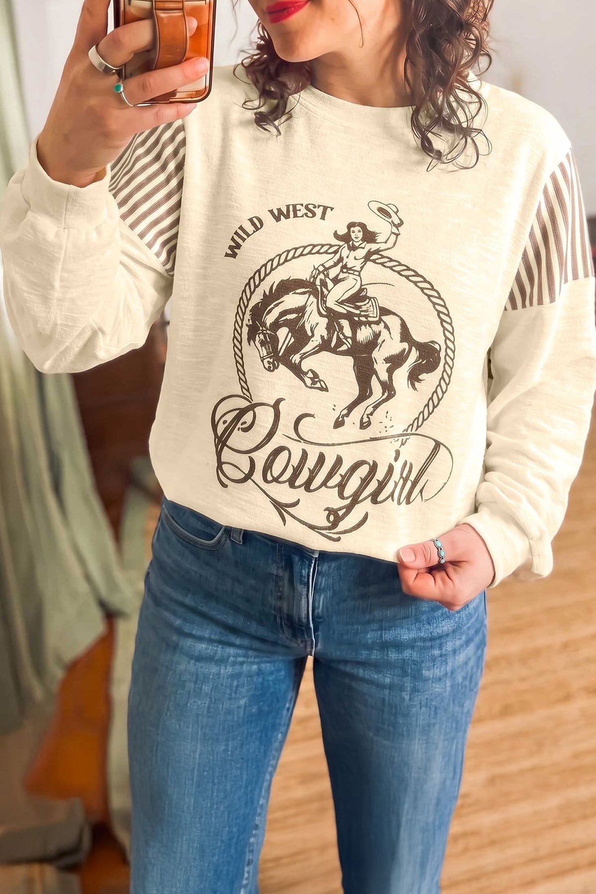 Women's Western Cowgirl Graphic Striped Sleeve Sweatshirt
