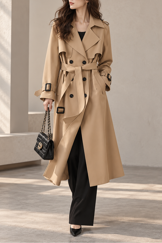 Women's Long Double Breasted Trench Coat Belted