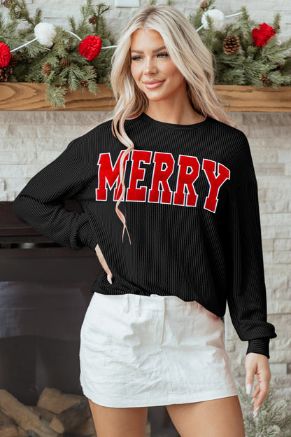 Corduroy MERRY Letter Christmas Pullover Sweatshirt