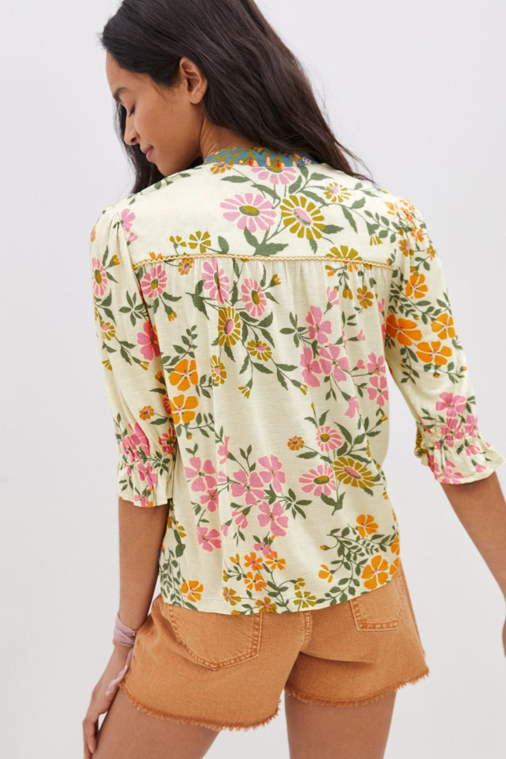 Boho Floral V Neck Crochet Trim Puff Sleeve Blouse