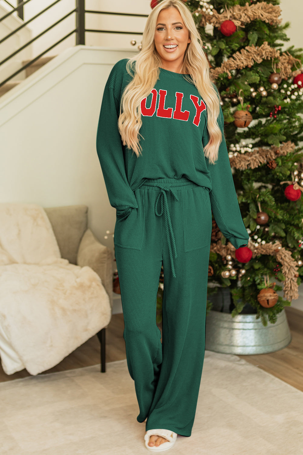 JOLLY Ribbed Knit Long Sleeve Top and Pants Set