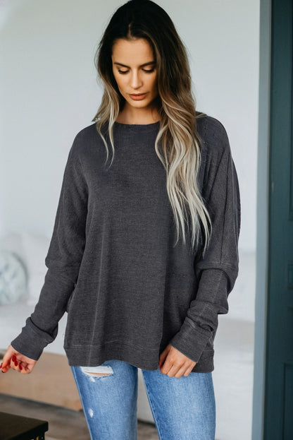 Waffle Knit Loose Long Sleeve Casual Top