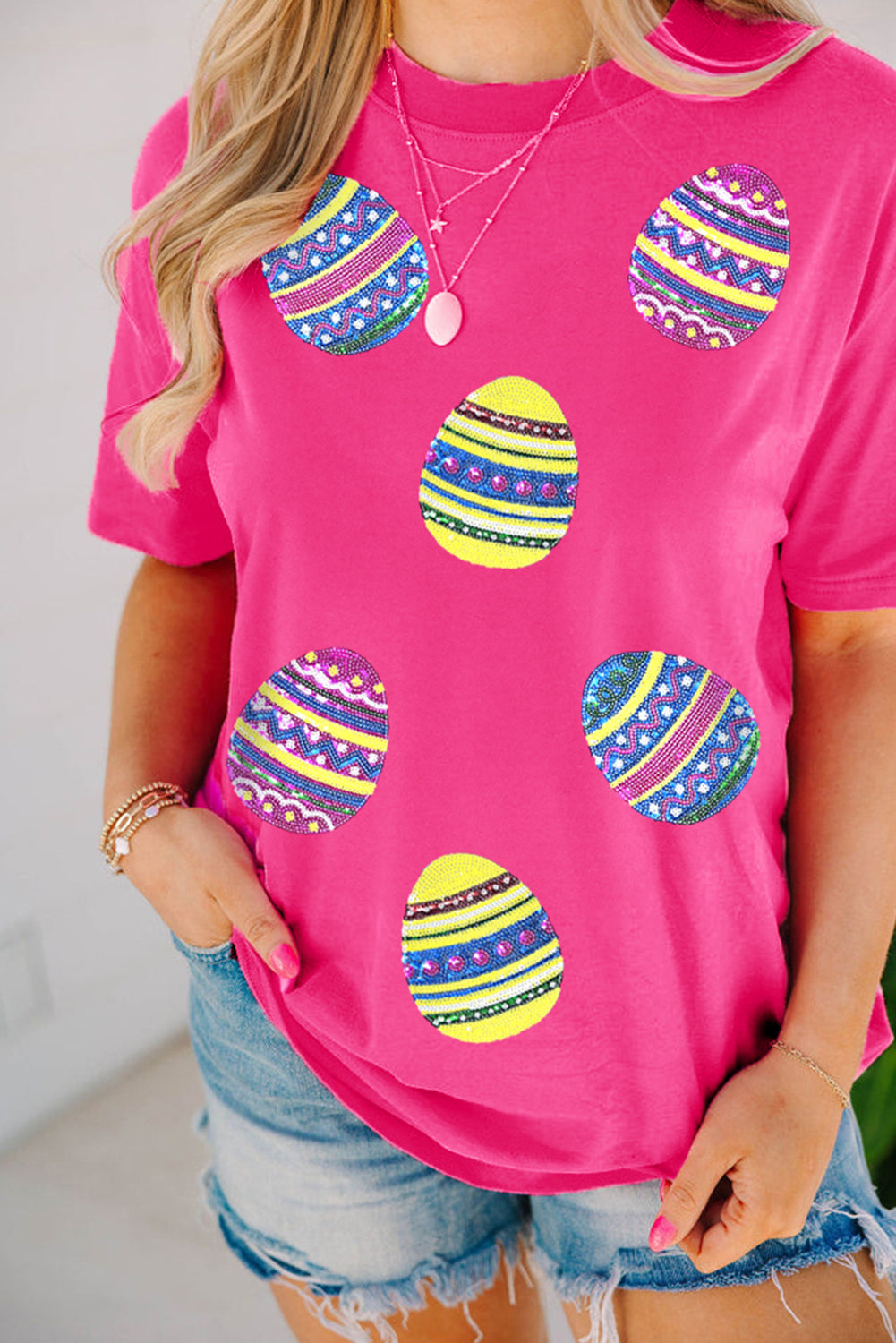 Rose Red Sequin Easter Egg Graphic Crew Neck Tee