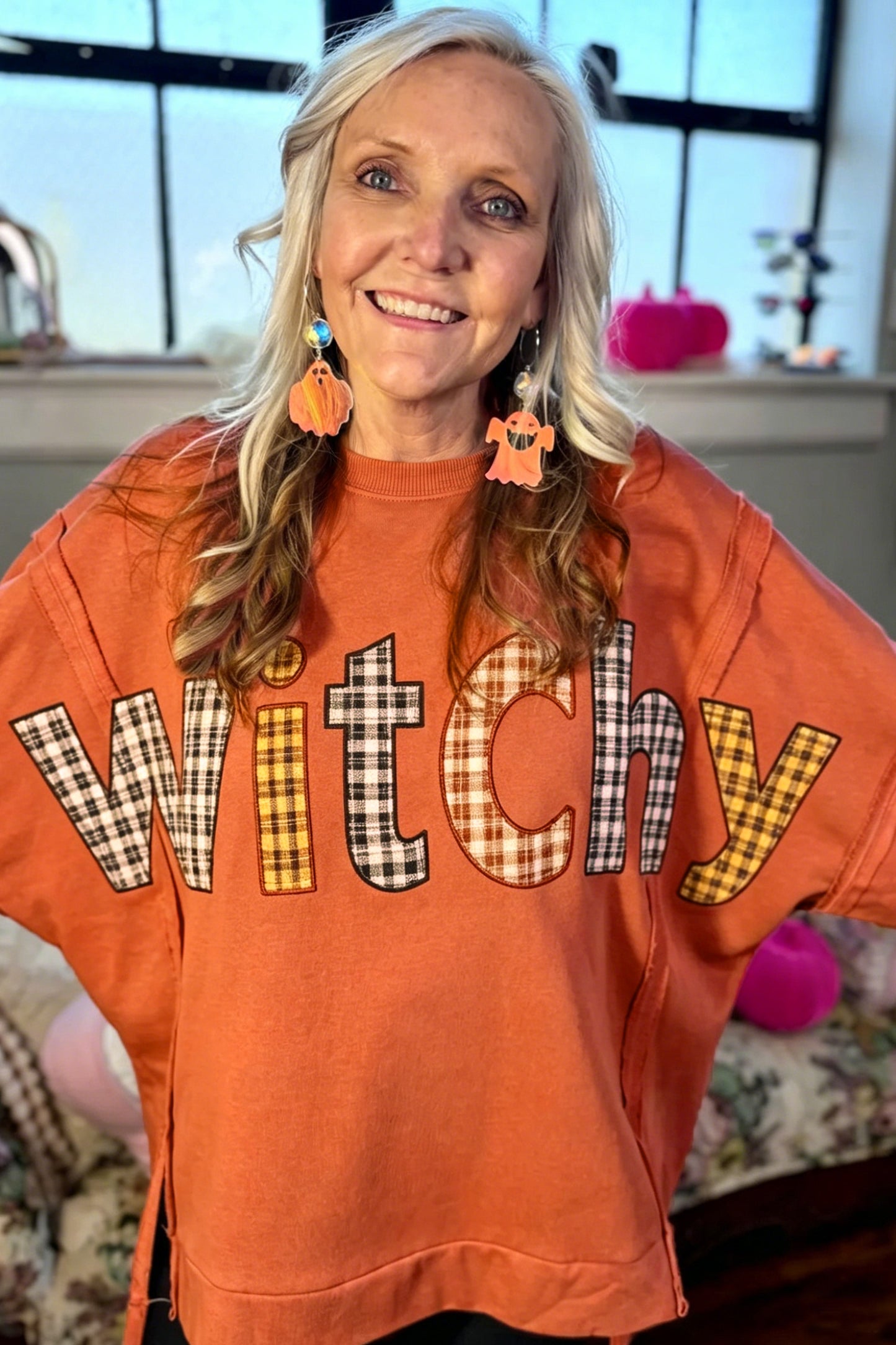 Flamingo Halloween Witchy Plaid Patch Sweatshirt
