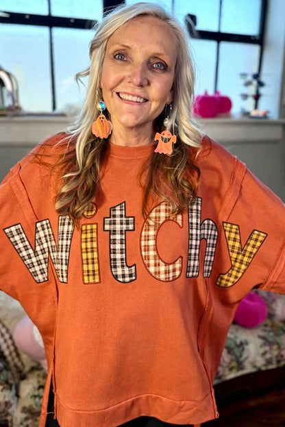 Flamingo Halloween Witchy Plaid Patch Sweatshirt