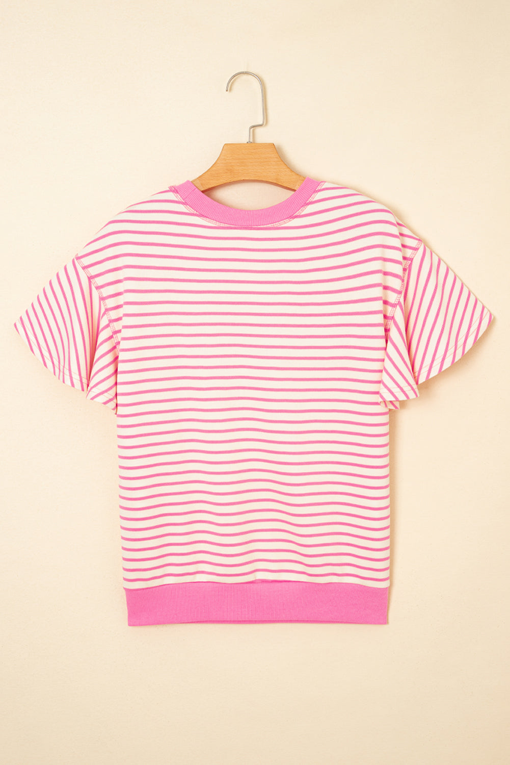 Green Striped Ruffle Sleeve Contrast Casual Top