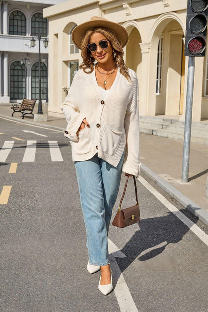 Knit Button Cardigan – V-Neck Loose Fit Sweater