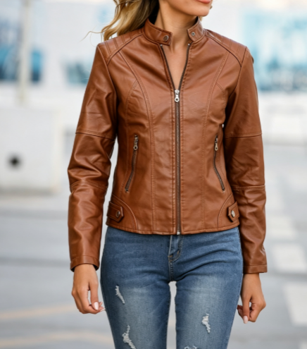 Womens Faux Leather Moto Jacket Zip Up Stand Collar