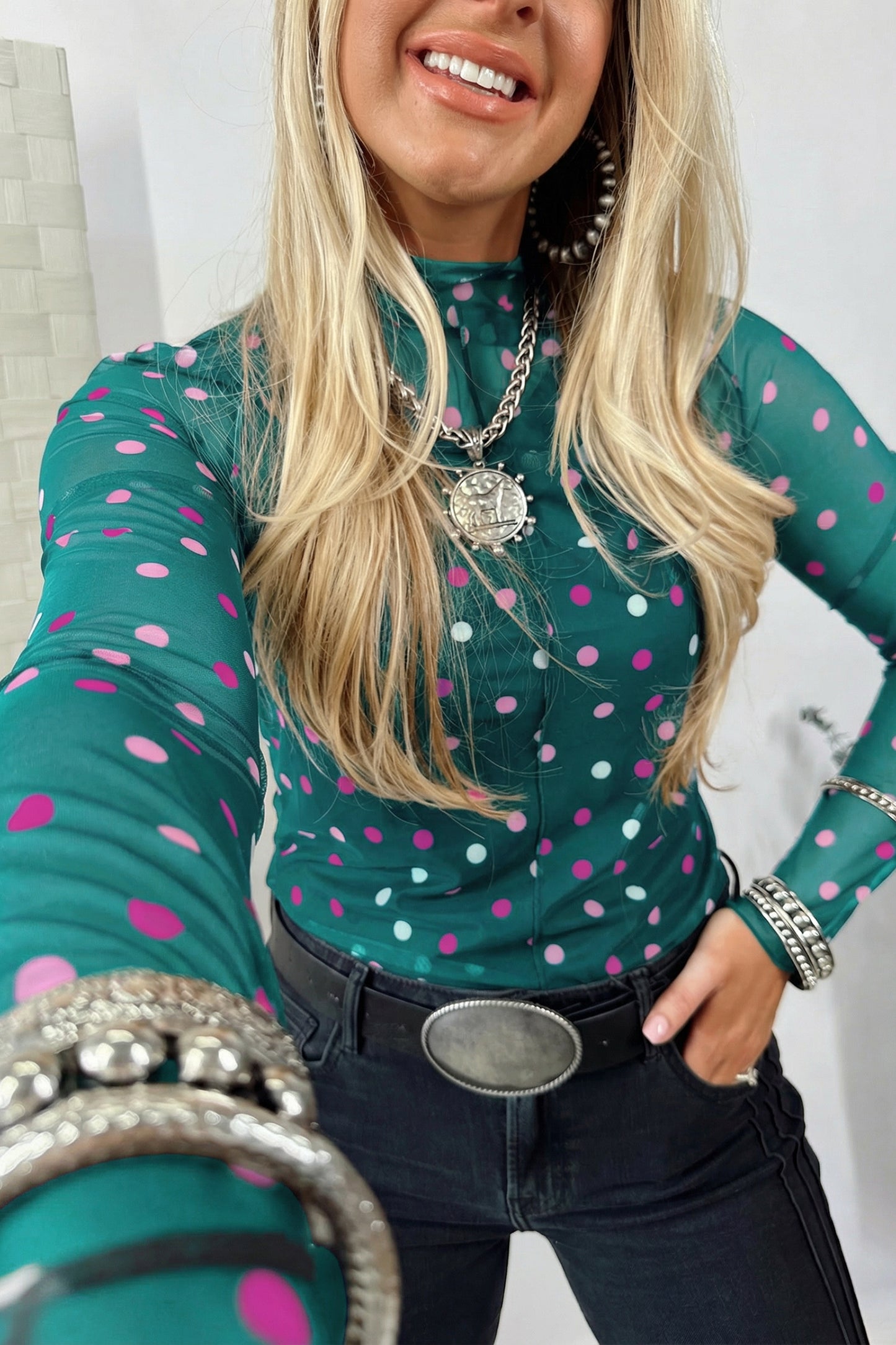 Black Polka Dot Mesh Mock Neck Long Sleeve Top