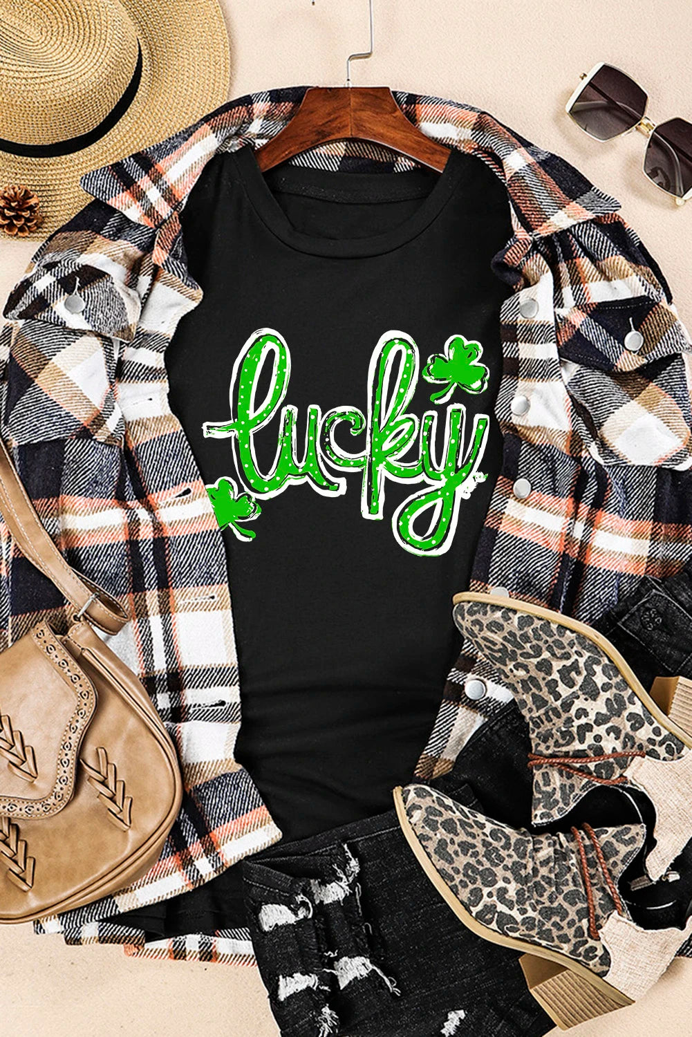 Black Lucky Shamrock Graphic St Patrick’s Day Tee