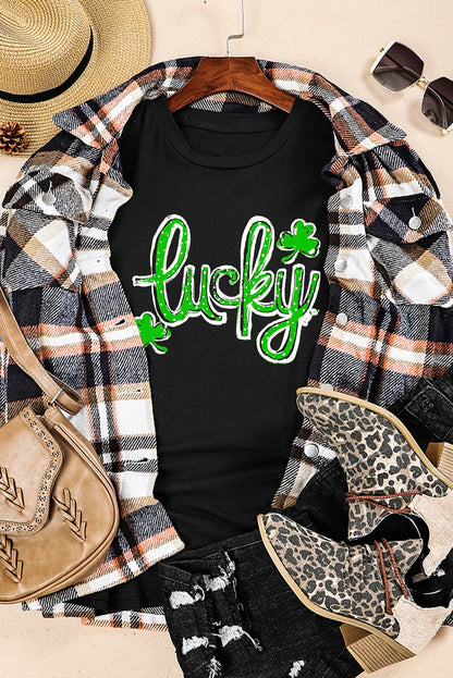 Black Lucky Shamrock Graphic St Patrick’s Day Tee