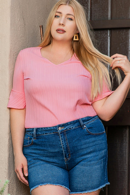 Peach Blossom Ruffled Half Sleeve V Neck Textured Plus Top