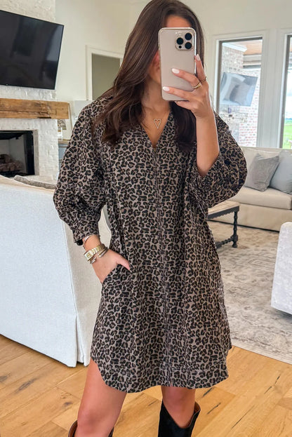 Khaki Leopard Print V Neck Zip Up Bracelet Sleeve Shift Mini Dress