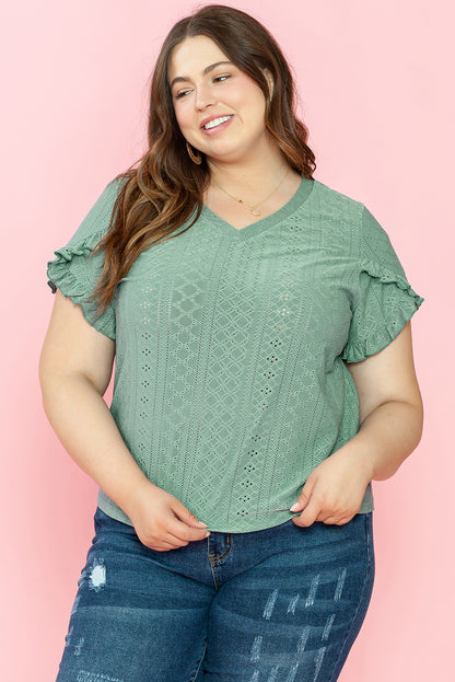 Laurel Green Petal Sleeve Jacquard V Neck Curvy Blouse