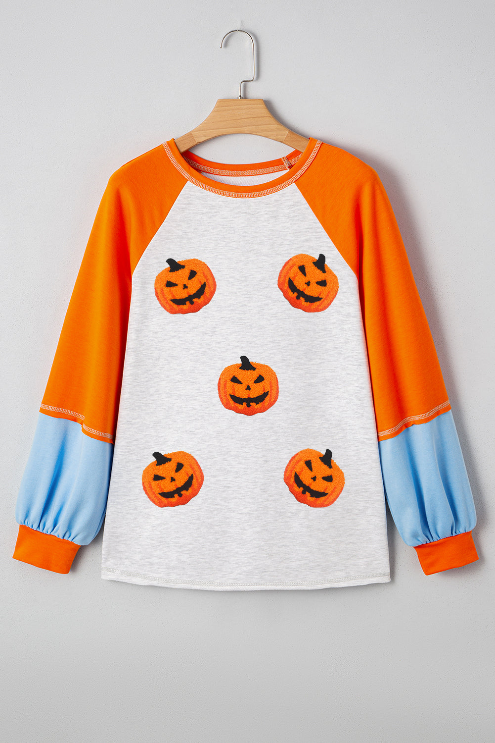 Chenille Pumpkin Halloween Color Block Long Sleeve Top
