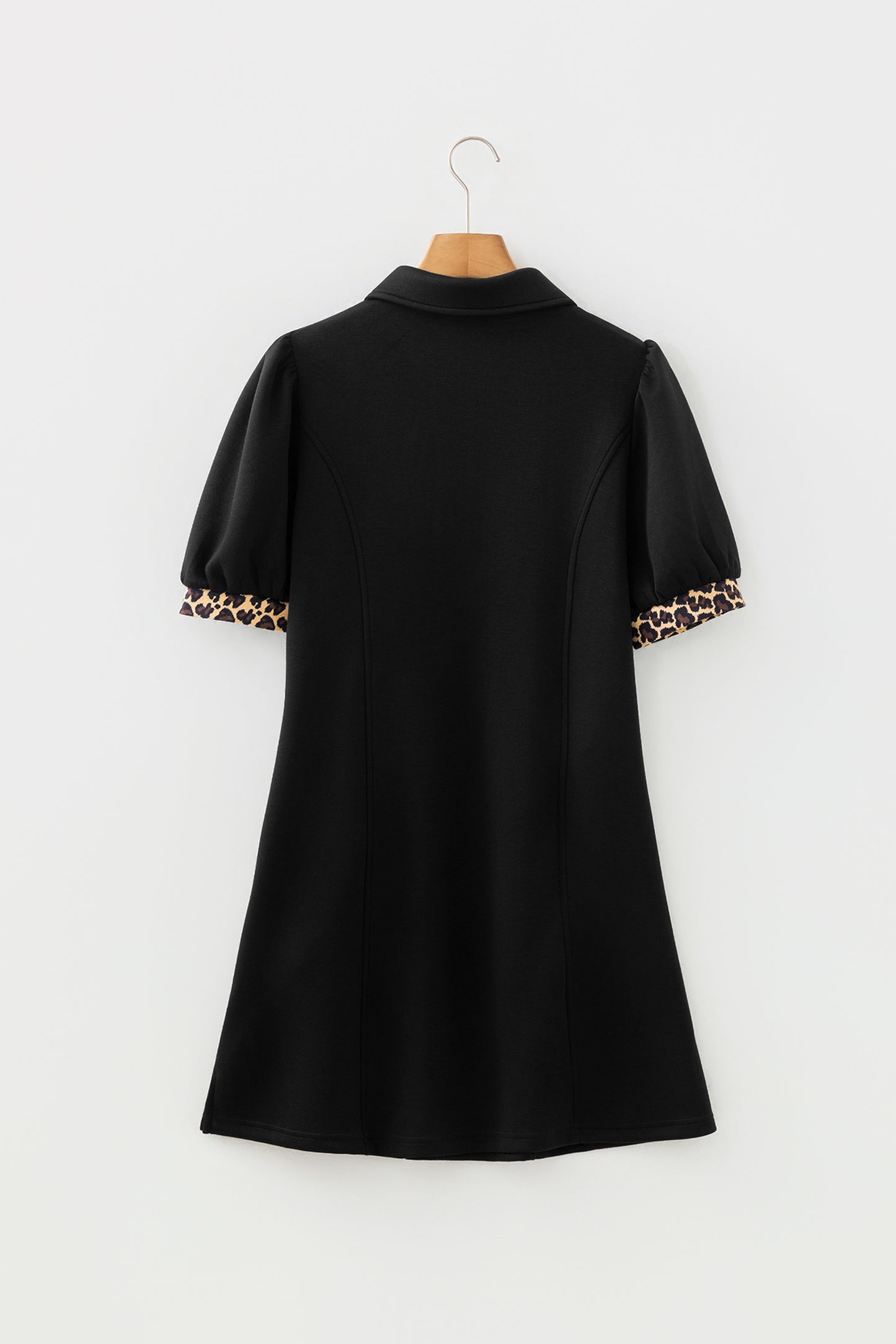 Leopard Trim Zip Neck Mini Dress Women Puff Sleeve