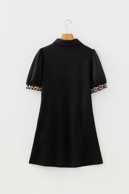 Leopard Trim Zip Neck Mini Dress Women Puff Sleeve