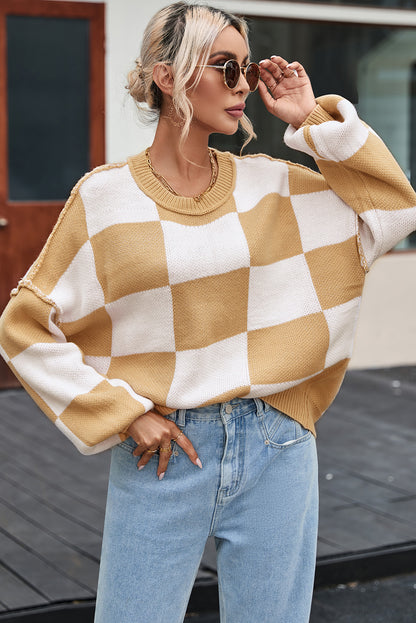 Green Checkered Bishop Sleeve Sweater