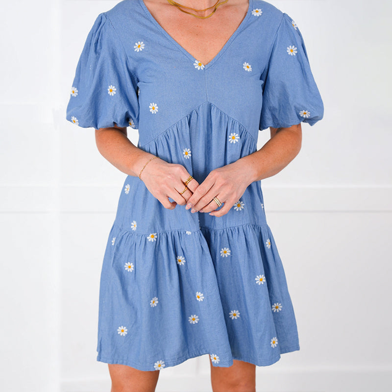 Blue Daisy Puff Sleeve Floral Mini Dress Summer Boho