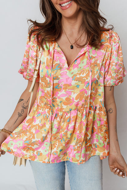 Orange Floral Split V Neck Short Sleeve Peplum Blouse