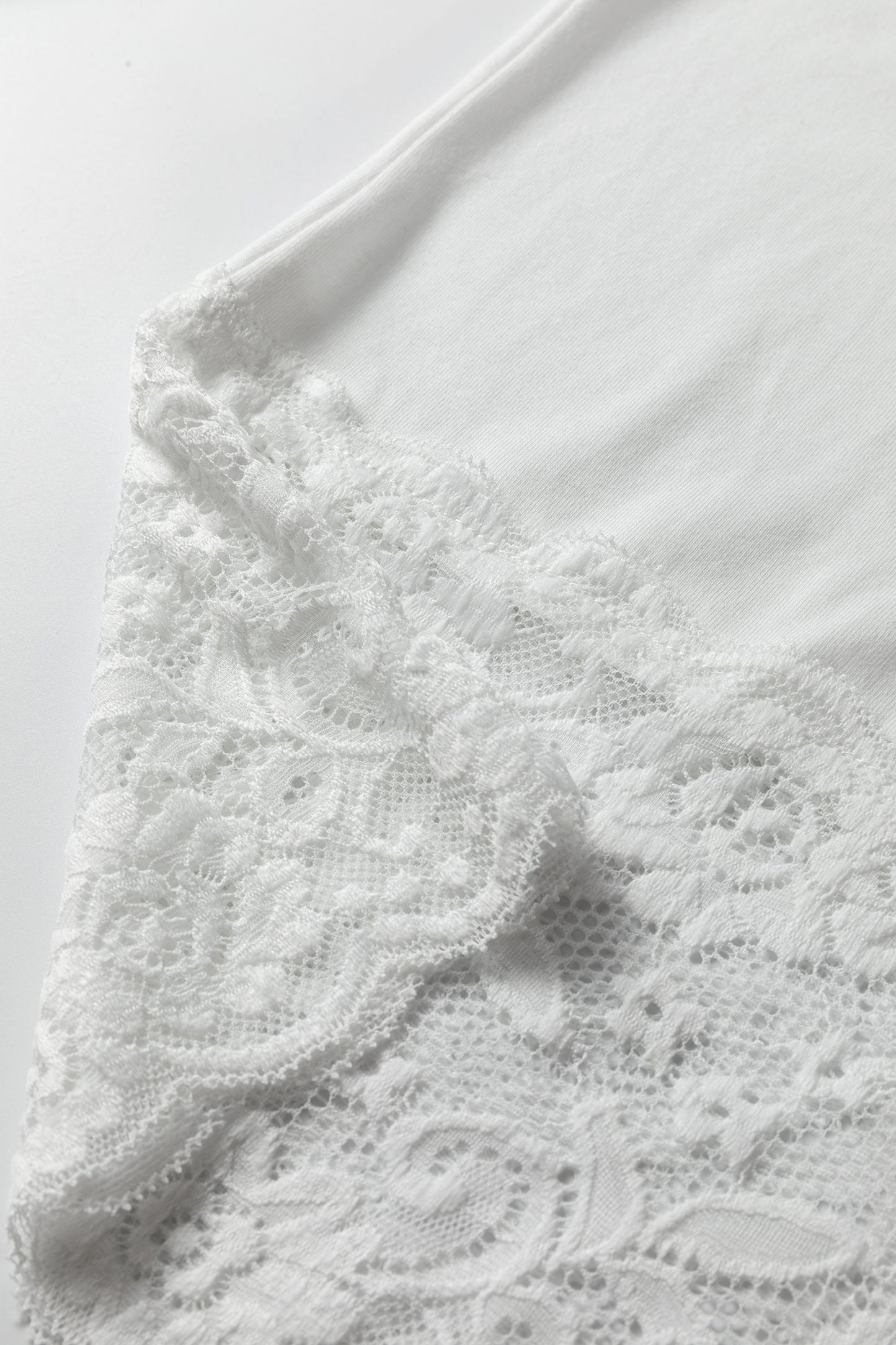 White V Neck Lace Trim Long Sleeve Soft Casual Top