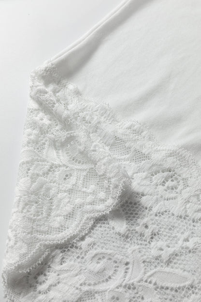 White V Neck Lace Trim Long Sleeve Soft Casual Top