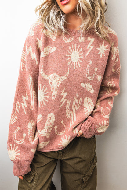 Western Celestial Print Oversized Crew Neck Sweater