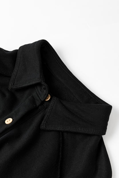 Black Waffle Knit Button Down Shacket Oversized Long Sleeve Top
