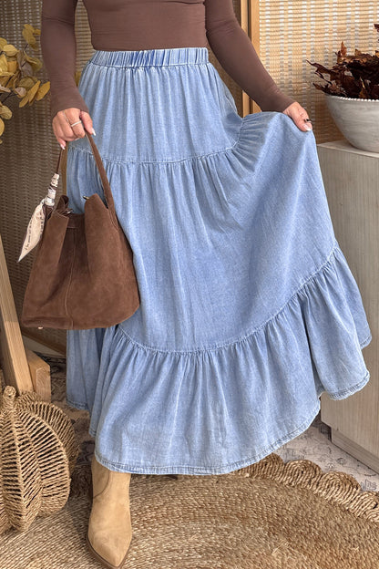 Blue Tiered Denim Maxi Skirt Elastic Waist Casual Summer