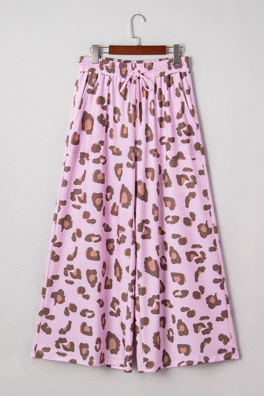 Leopard Print Wide Leg Drawstring Pants with Pockets