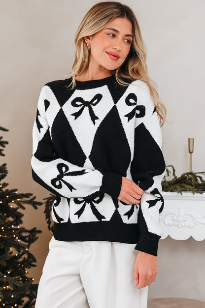 Valentine Black Bow Argyle Oversized Knit Sweater