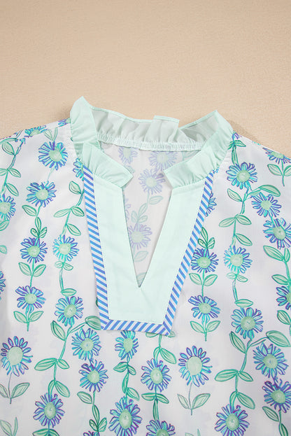 Blue Floral V Neck Short Sleeve Blouse Summer Top