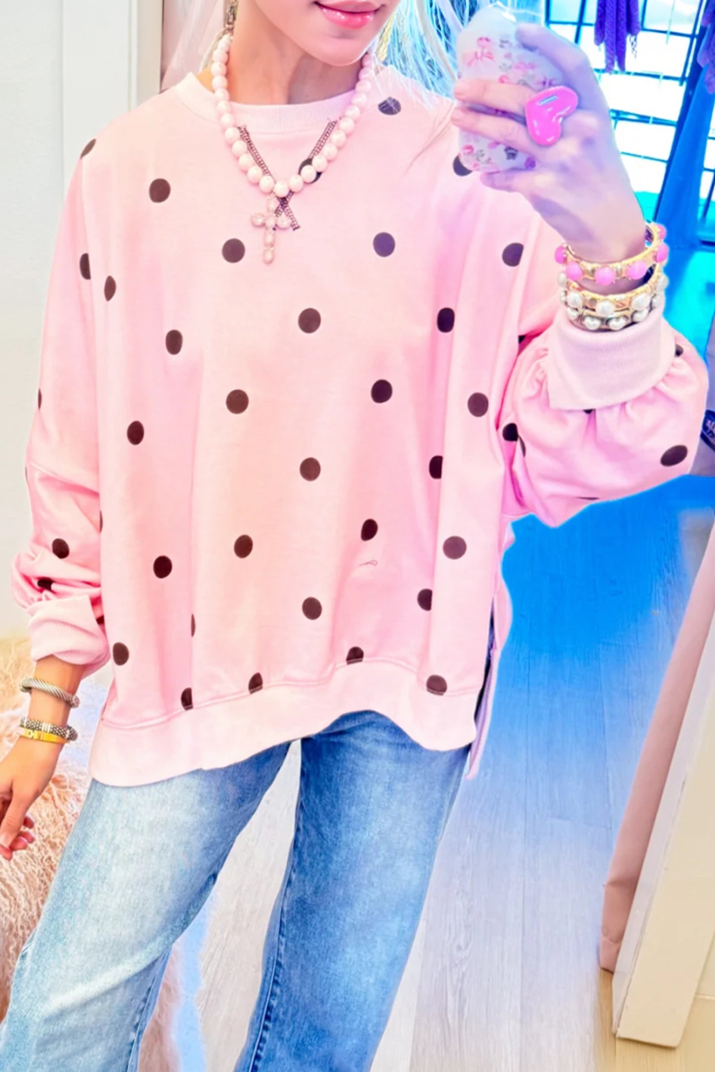Polka Dot Oversized Long Sleeve Tee Split Hem