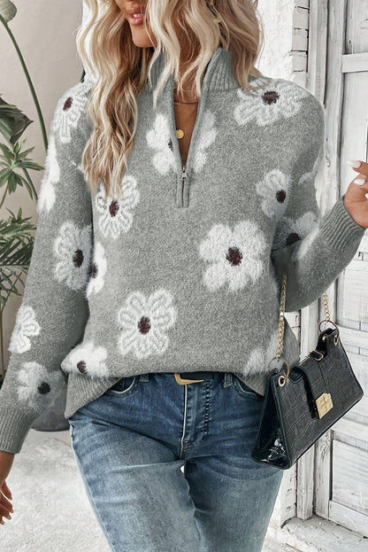 Pink Floral Pattern Half Zip Drop Shoulder Sweater