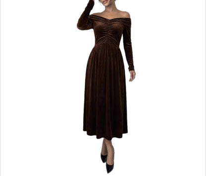 Women's Velvet Off Shoulder Ruched Long Sleeve Maxi Dress