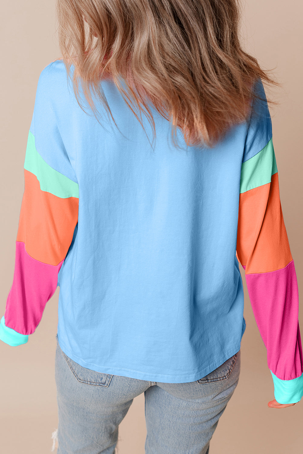 Green Colorblock Patchwork Long Sleeve Loose Top