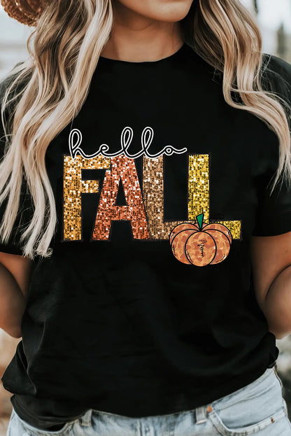 Black Hello Fall Pumpkin Graphic Thanksgiving T Shirt