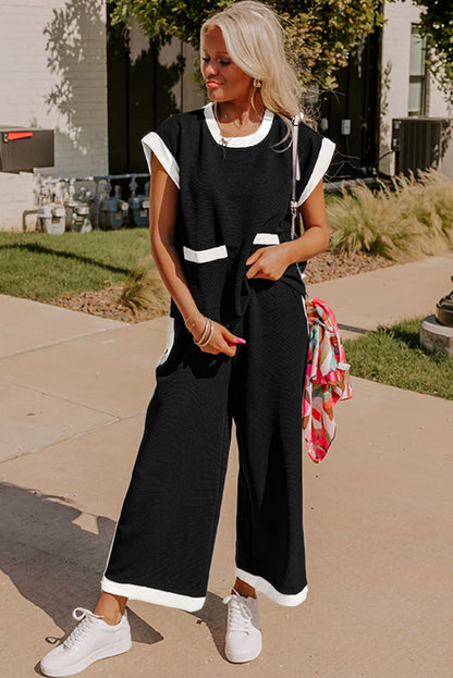 Navy Colorblock Pocket Tee Wide Leg Pants Two Piece Set