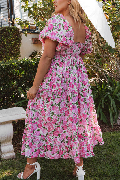 Easter Pink Floral Square Neck Puff Sleeve Maxi Dress