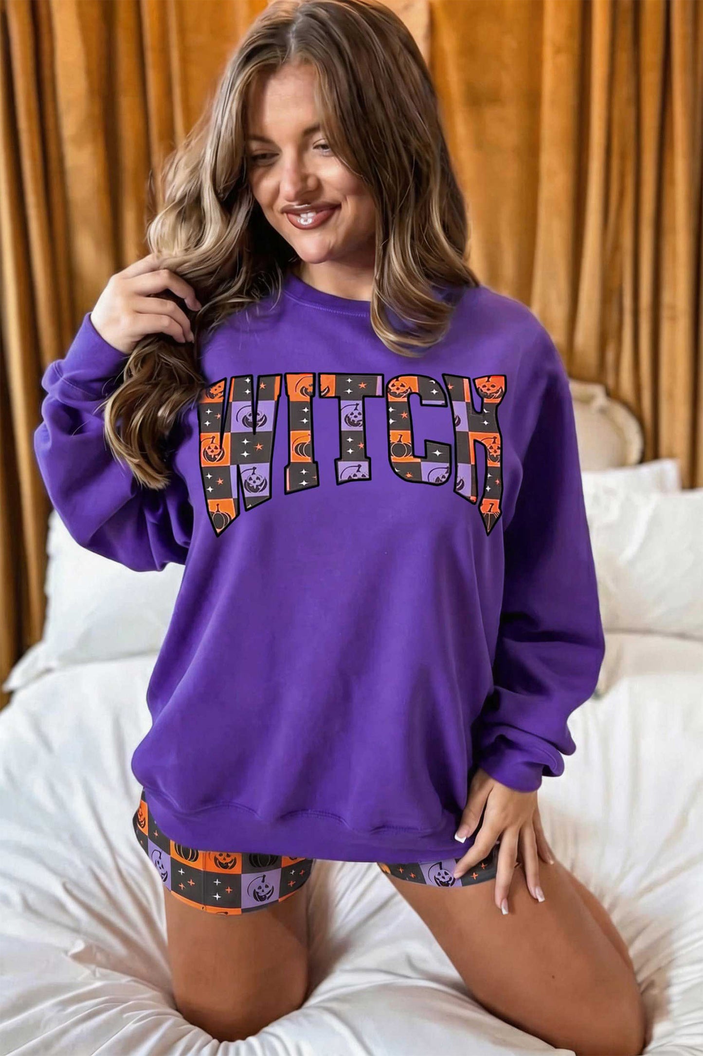 Halloween Witch Graphic Checkerboard Shorts Set